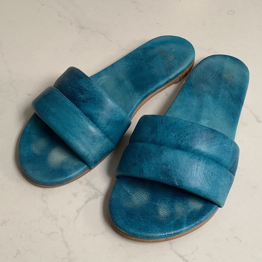 $230 Beek Sugarbird puffy slides blue gold sandals 6 beach resort bohemian babe